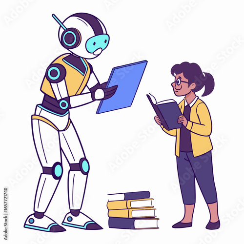 Robot teaching student with books learning