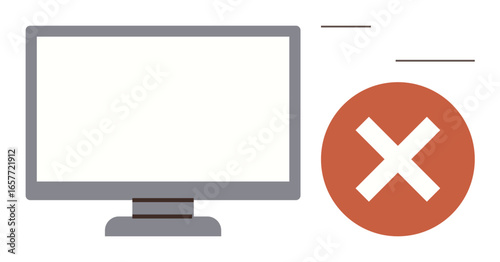 Desktop monitor next to a red circular error icon with a white cross. Ideal for tech error, website failure, data glitch, troubleshooting, security warning, process interruption, or system issue