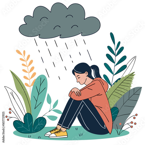 Sad woman under rainy cloud surrounded by plants vector