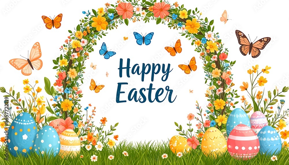 Fototapeta premium Festive easter design adorned with floral arch, eggs, and delightful butterflies