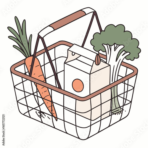 Shopping basket with fresh produce and carton grocery