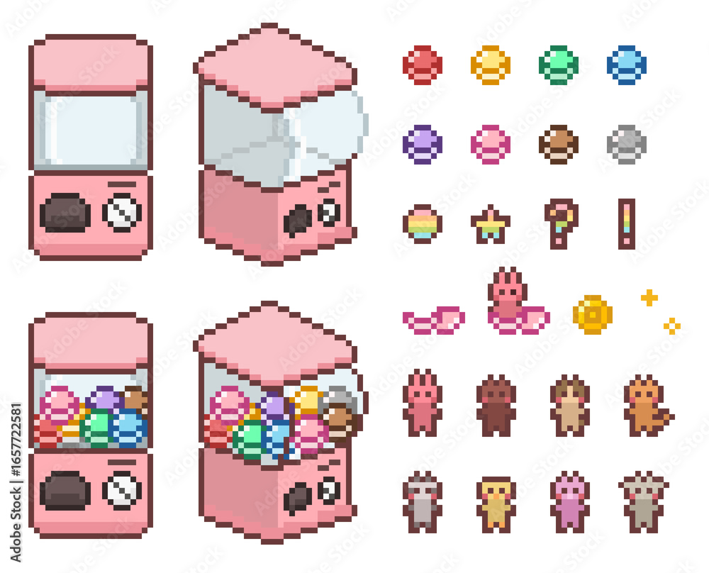 Fototapeta premium 8-bit pixel art gacha machine with capsule toys and cute animal toy doll characters for retro arcade game assets