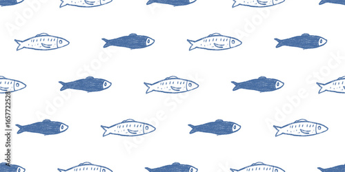 Crayon fish seamless pattern. Sardines hand drawn endless background. Nautical repeat cover. Sea continuous ornament. Surface pattern design water motif. Vector simple illustration.