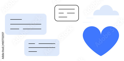 Speech bubbles, a blue heart, and a cloud suggesting digital connection, emotive communication, and care. Ideal for messaging, app UI, online interaction, teamwork connection technology simple