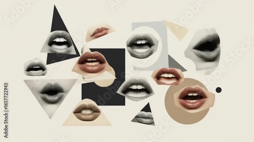 Abstract composition of various lips and mouth shapes in geometric patterns on a neutral background