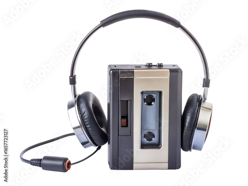 Retro cassette player with headphones isolated on transparent background, a vintage portable audio device for listening to music on the go