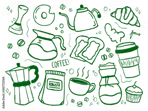 Coffeeshop Handrawn Doodle Collection with a Textured Sketch Style. Hand-drawn illustration of cafe menu items like coffee, pastries, and brewing equipment.