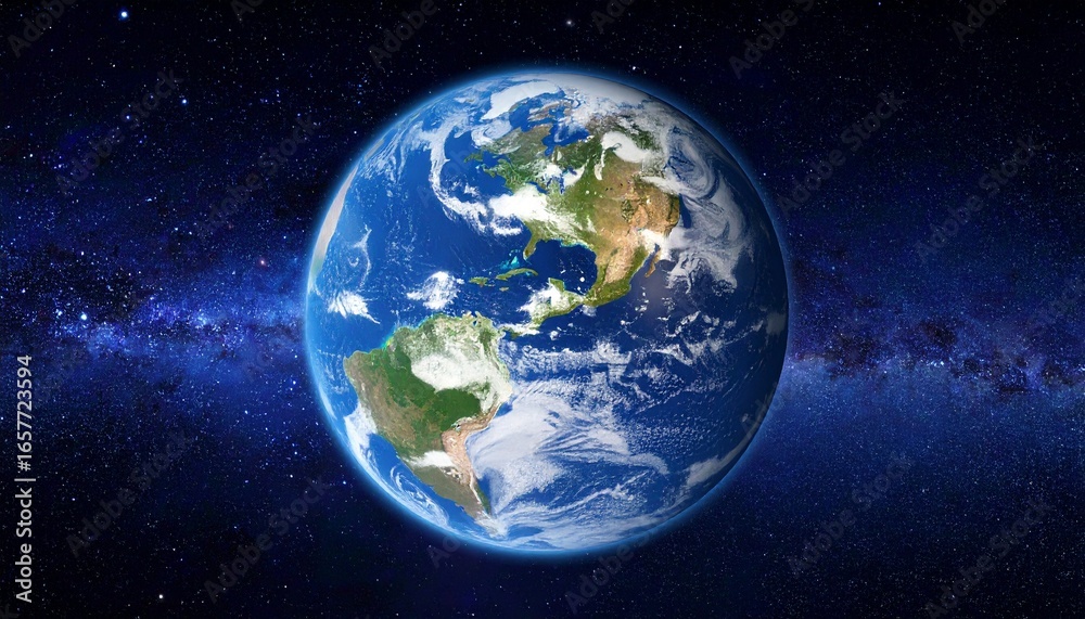 Obraz premium Earth viewed from space, showing continents, oceans, and cloud cover against a backdrop of stars and the Milky Way.