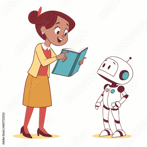 Teacher reading book to robot animated