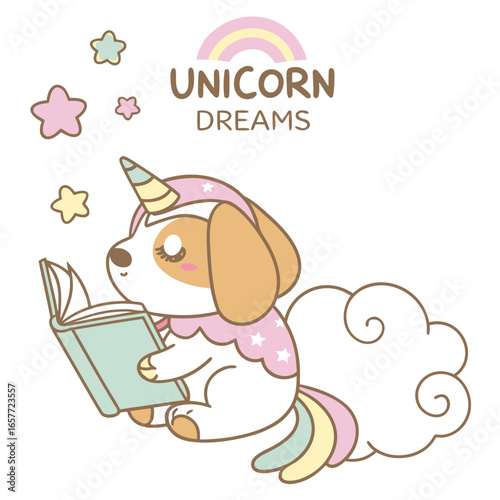 An adorable Playful puppy with a Bashful vibe, reading a book, and a Unicorn Dreams Unicorn Dreams theme – SVG style