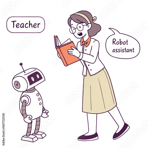 Teacher reading book to robot assistant animated