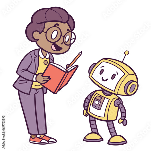Teacher with robot and book pencil learning