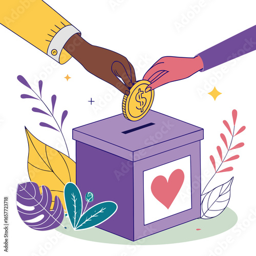 Two hands donating gold coin into purple donation box with heart