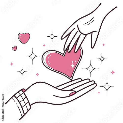 Two hands sharing pink heart with sparkles giving