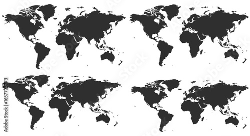 Multiple black and white silhouettes of the world map on a white background