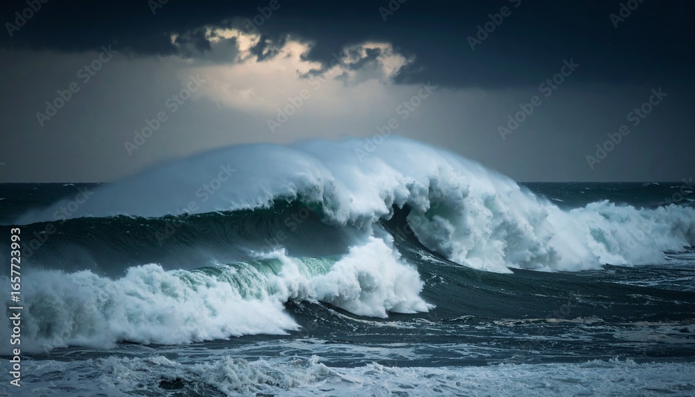 Fototapeta premium Dramatic ocean wave crashing, displaying powerful force under a stormy, cloudy sky.