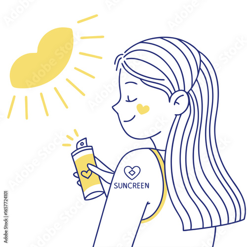 Woman applying sunscreen spray under sun protection