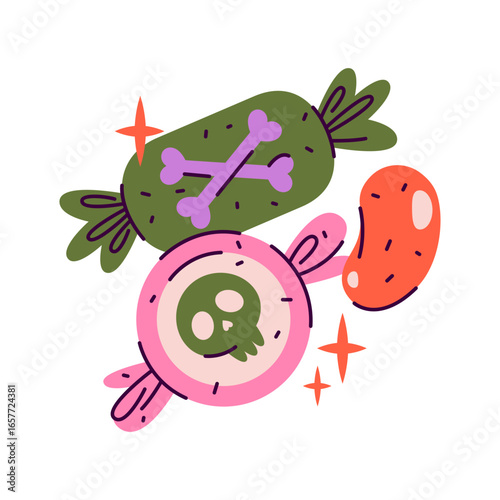 Halloween candy or sweet food. Vector trick or treat icon. Dessert snack, sugar caramel with jolly roger or skull. Confectionary gift in wrapper for October holiday, seasonal festive, autumn festival.