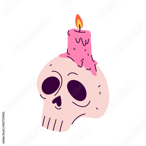 Skull with candle or cranium with candlelight. Dead head isolated icon or spooky element for Halloween party. Jolly roger or morbid grim reaper symbol with light or glow. Skeleton remains, human death