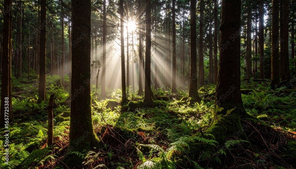 Fototapeta premium Sunlight streams through the trees in a lush, green forest, creating a serene and peaceful atmosphere.