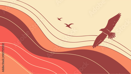 Retro sunset with eagle and birds vector illustration vintage styled design template graphic art background