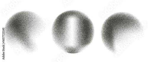 Dots dust circles set. Grainy diffuse spheres collection. Glitter texture brush powder balls isolated on transparent background. Vector gradient noise rounded figures.