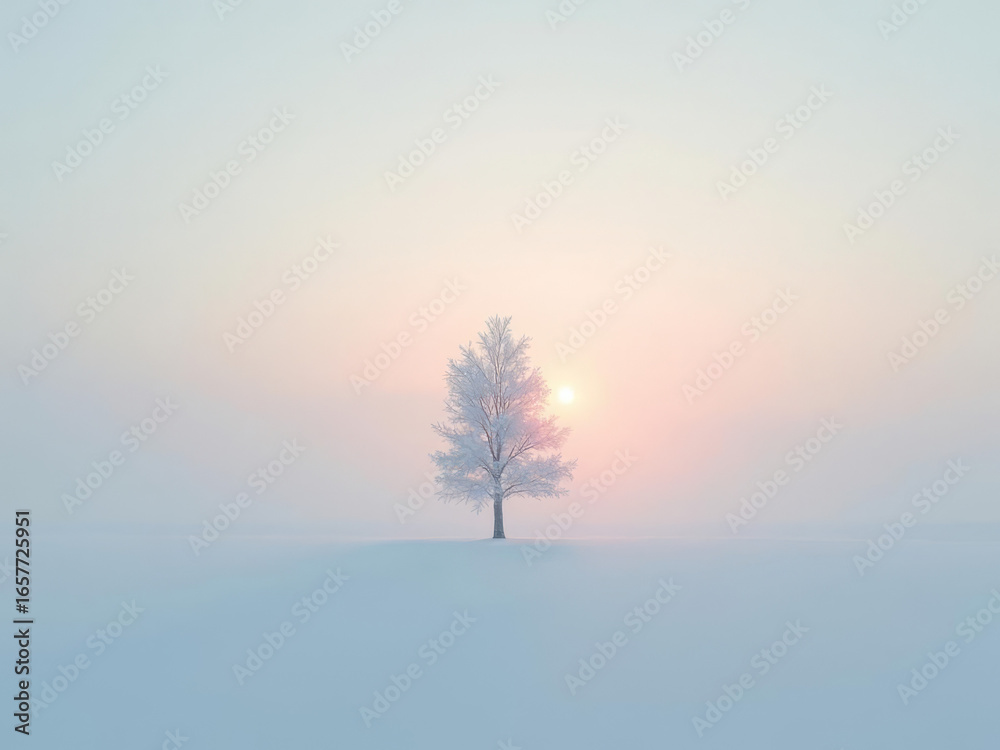 Fototapeta premium Arbre solitaire dans la brume hivernale au lever du soleil aux teintes pastel apaisantes