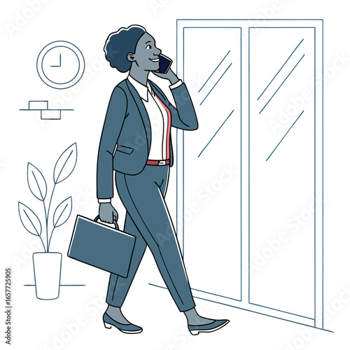 Woman in suit talking on phone holding briefcase business