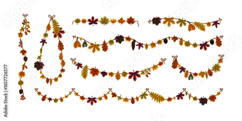 Autumn leaves garlands set. Fall tree leaf decor hanging on string. Seasonal foliage, botanical adornment, ornament deciduous decoration on rope. Flat vector illustration isolated on white background