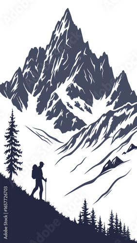 A snowy mountain scene with a figure in the foreground.
