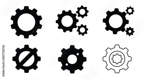 Collection of gear icons in various styles and configurations silhouette