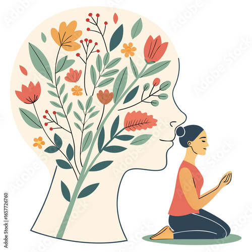 Woman meditating with floral thoughts praying yoga