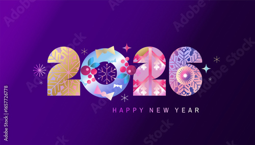 Merry Christmas and Happy New Year 2026 art holiday abstract background template neon gradient  bauhaus design with Gifts, ball toy,  tree, snowflake, garland Modern Xmas flat vector illustration