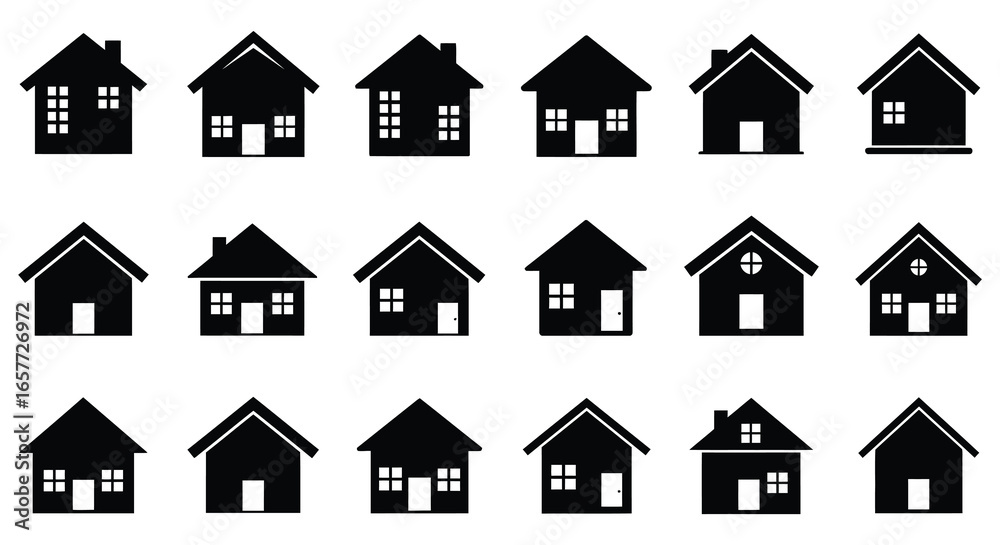 Fototapeta premium A collection of various simple black house icons on a white background silhouette