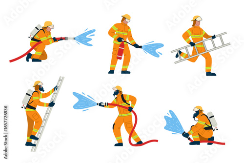 Firefighter character with fire hose and climbing ladder. Fireman in various action poses for emergency rescue concept
