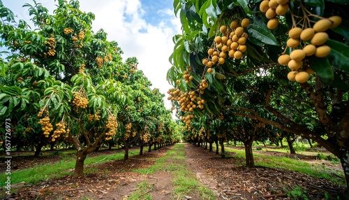 Rows of longan trees laden with ripe fruit in an orchard, under a partly cloudy sky.