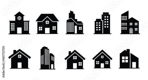 A collection of various house and building silhouettes in different styles and shapes