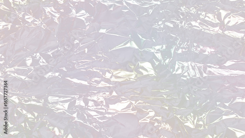 Fotografi Iridescent crumpled cellophane plastic texture on transparent background