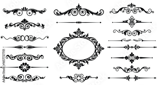 Collection of ornate black and white dividers and frames for design silhouette