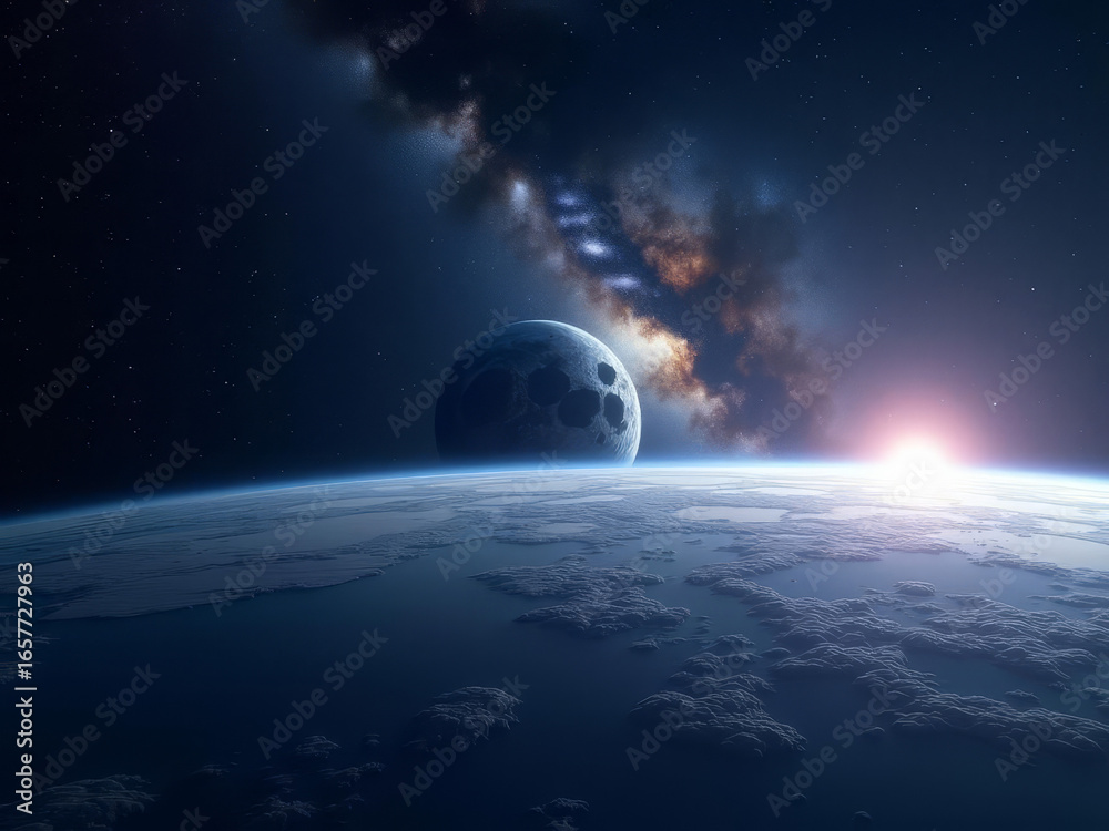 Fototapeta premium Éveil cosmique sur l’horizon terrestre, la Lune et la Voie lactée illuminent l’infini