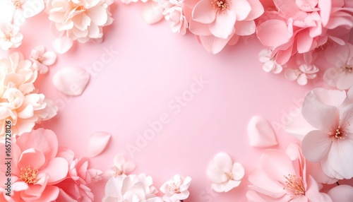 Delicate pink and white flowers arranged in a frame on a pastel pink background.