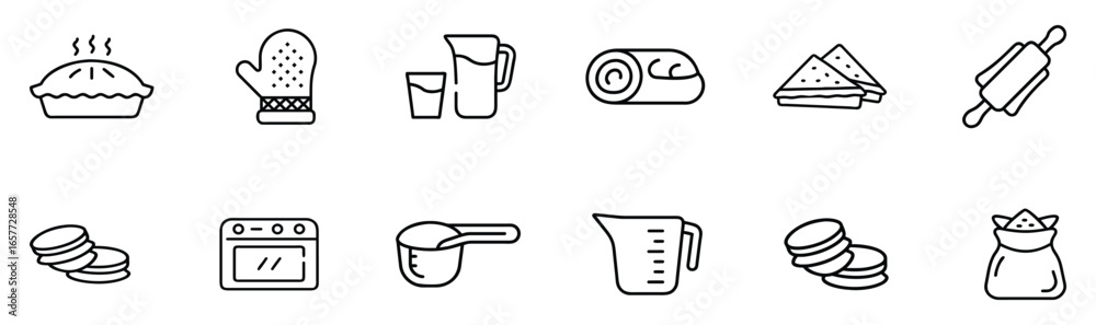 A collection of minimal line-style baking and kitchen icons featuring desserts, pastries, sandwiches, macarons, pie, cake roll, flour bag, measuring cups, rolling pin, oven, milk jug, and oven mitt – A collection of minimal line-style baking and kitchen icons featuring desserts, pastries, sandwiches, macarons, pie, cake roll, flour bag, measuring cups, rolling pin, oven, milk jug, and oven mitt –