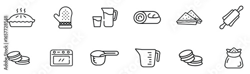 A collection of minimal line-style baking and kitchen icons featuring desserts, pastries, sandwiches, macarons, pie, cake roll, flour bag, measuring cups, rolling pin, oven, milk jug, and oven mitt – 