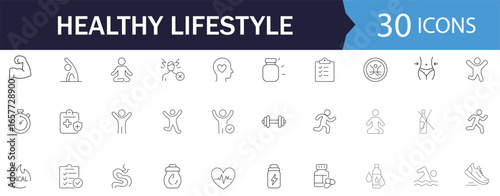 Healthy Lifestyle line Icon Set. Features icons of diet, gym, fitness activity, and body health. Perfect for wellness apps and healthcare UI.