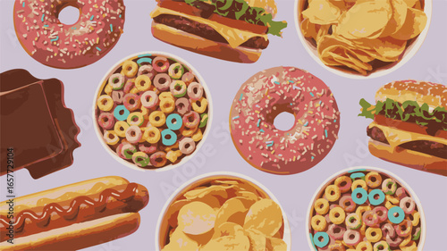 Assortment of Junk Food and Cereal Bowls on a Light Purple Background donuts hamburgers