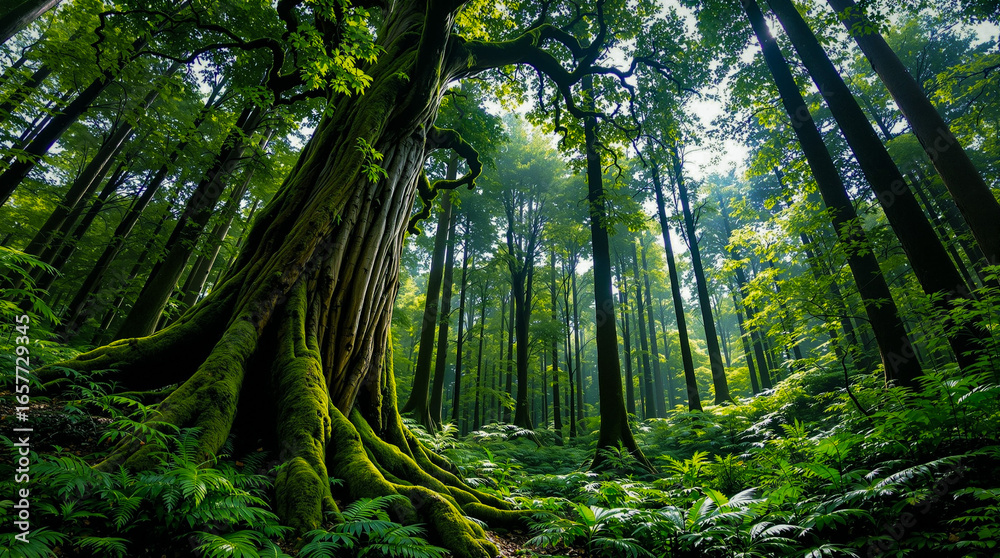 Fototapeta premium Ancient Moss Covered Tree in Lush Green Forest