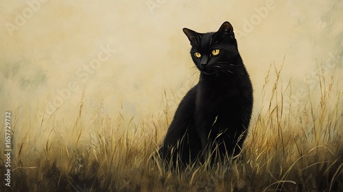 119.A sleek black cat sitting proudly on a grassy meadow, its rich golden eyes focused in the distance, with the texture of the grass and soft natural lighting adding depth and warmth to the outdoor