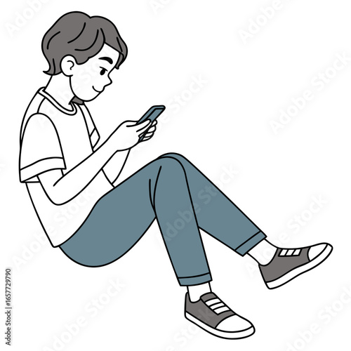 Young person using mobile device male sitting