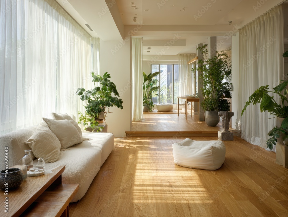 Fototapeta premium A large room with a white couch and a white chair. There are several potted plants in the room, including one in the corner and another in the middle