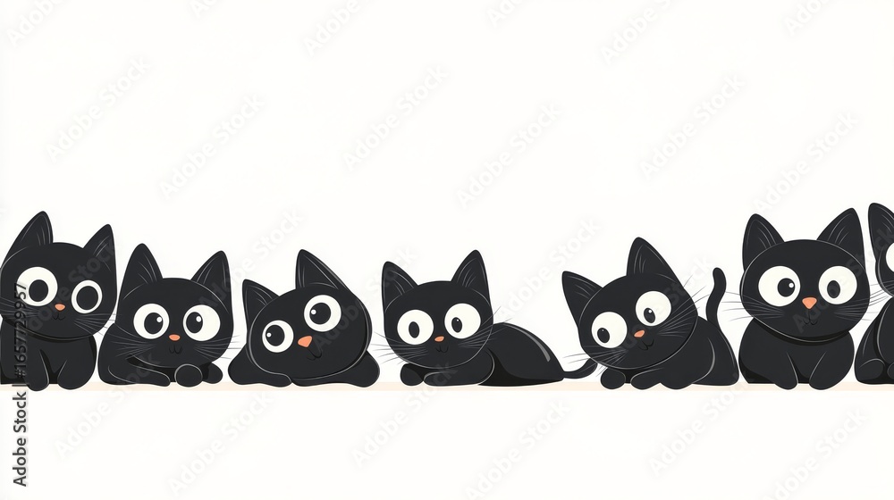 30.Playful vector illustration of a group of black cartoon kittens, each popping out from window edges or peeking around corners, their large round eyes full of curiosity, arranged on a minimal white